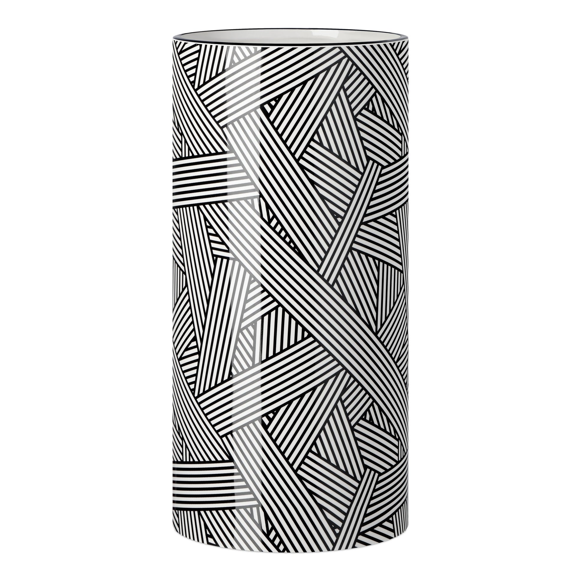 Monochrome Linear Weave Ceramic 12 Inch Tall Cylinder Vase