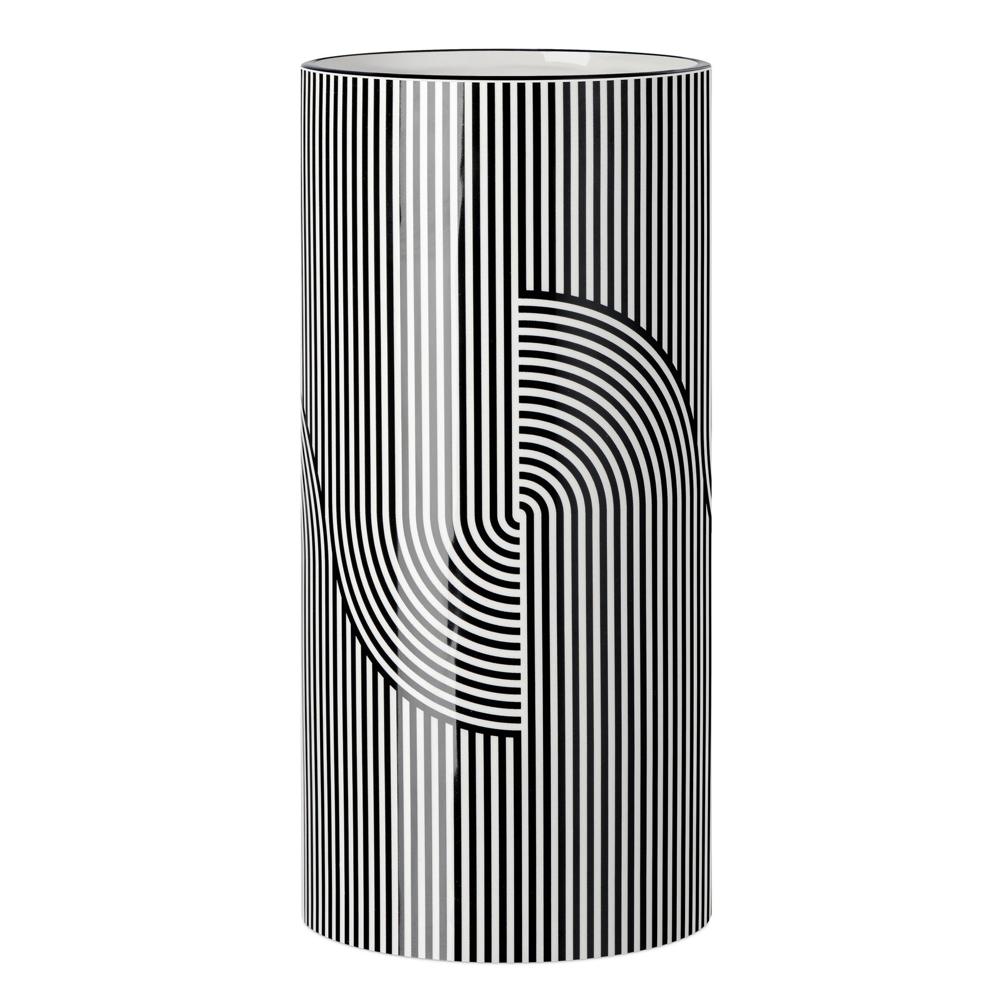 Monochrome Linear Curve Ceramic 12 Inch Tall Cylinder Vase