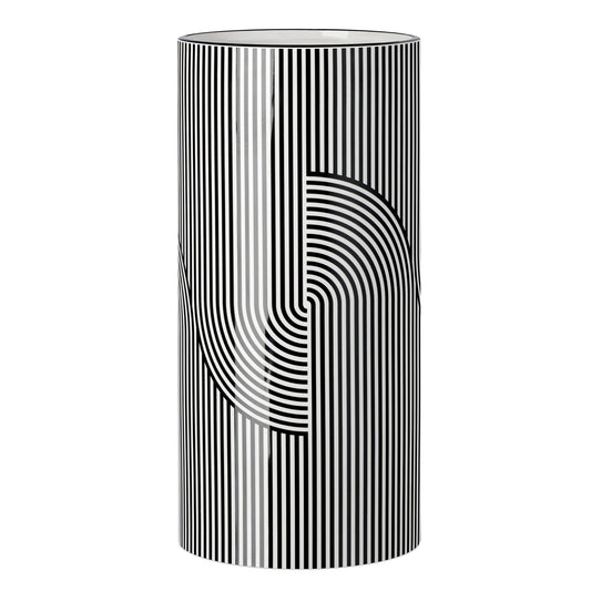 Monochrome Linear Curve Ceramic 12 Inch Tall Cylinder Vase
