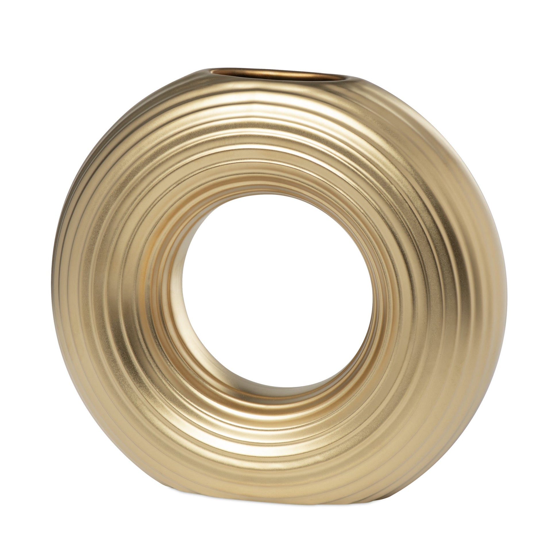 Circa Ceramic 9 Inch Tall Round Ring Vase - Matte Gold