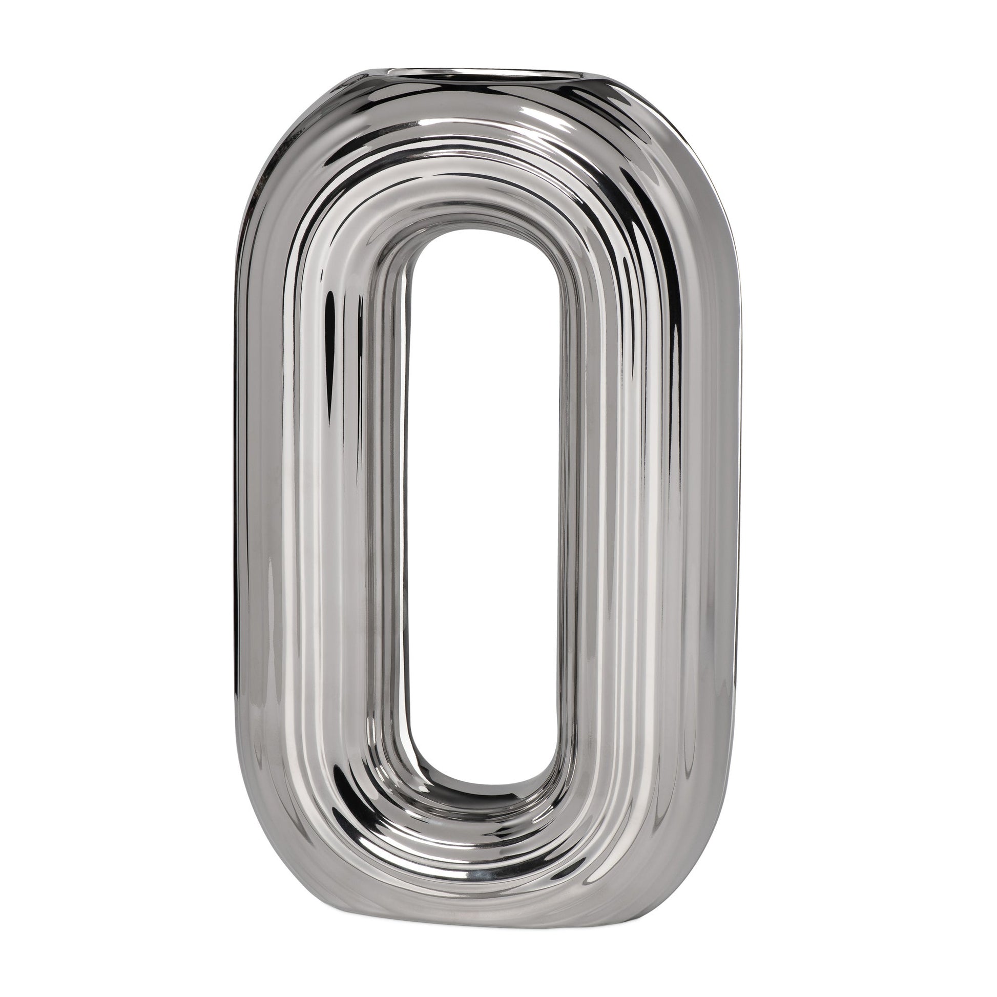 Circa Ceramic Shiny Silver 13 Inch Tall Oval Ring Vase