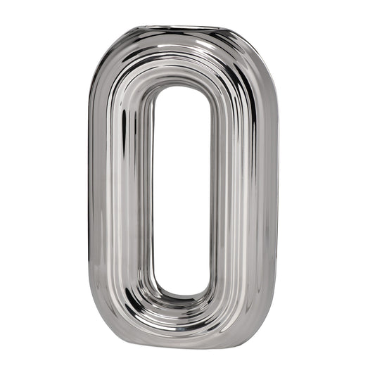 Circa Ceramic Shiny Silver 13 Inch Tall Oval Ring Vase
