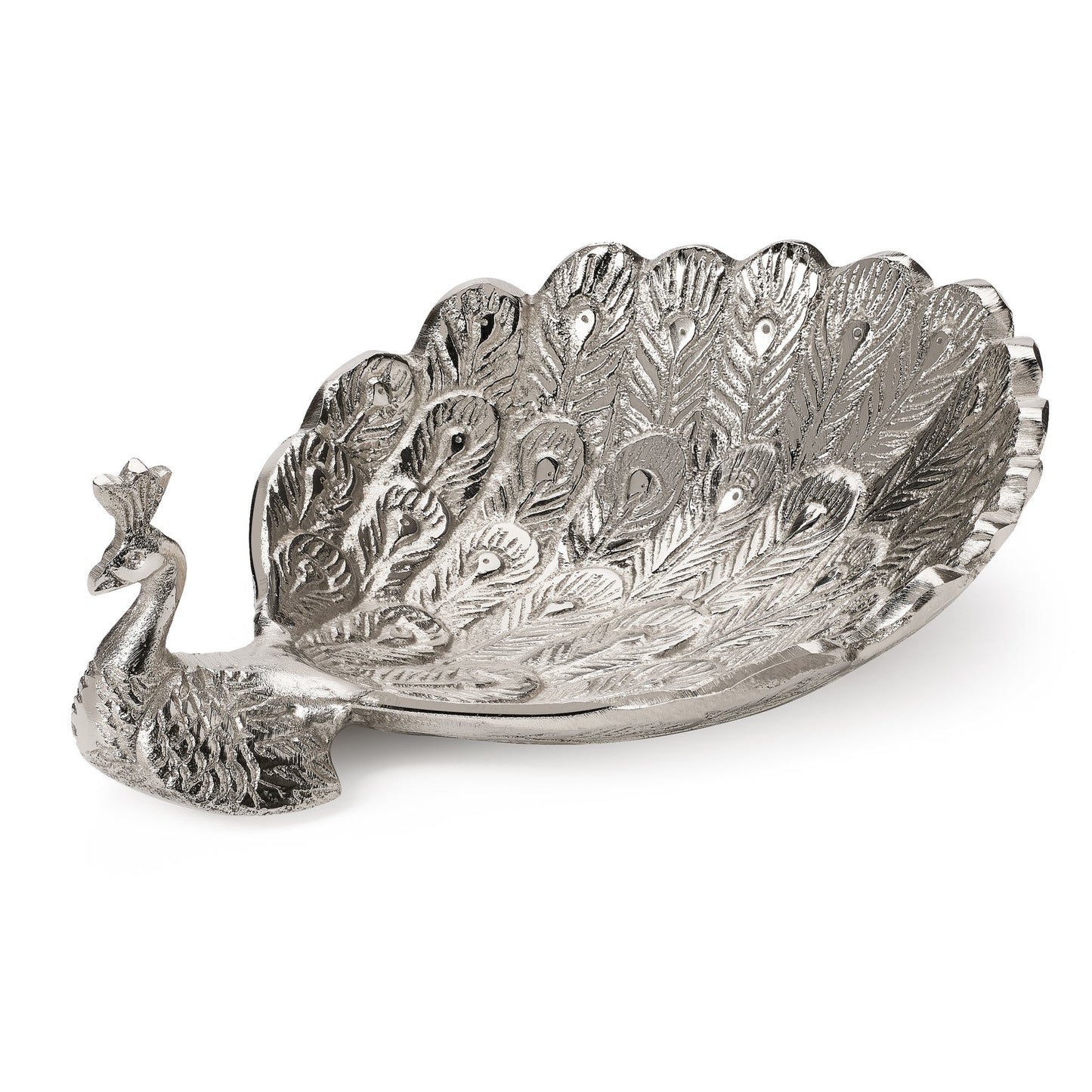 Peacock 7.5 x 6 Inch Aluminum Decor Dish - Silver