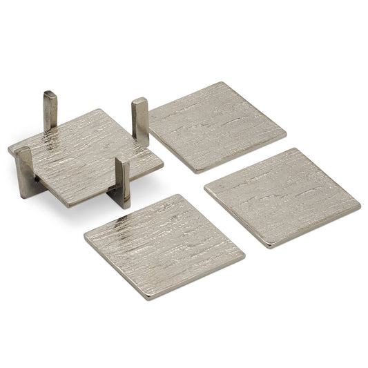 Arta 4 Piece Nickel Plated Grooved Aluminum 4X4 Inch Square Coaster Set with Stand