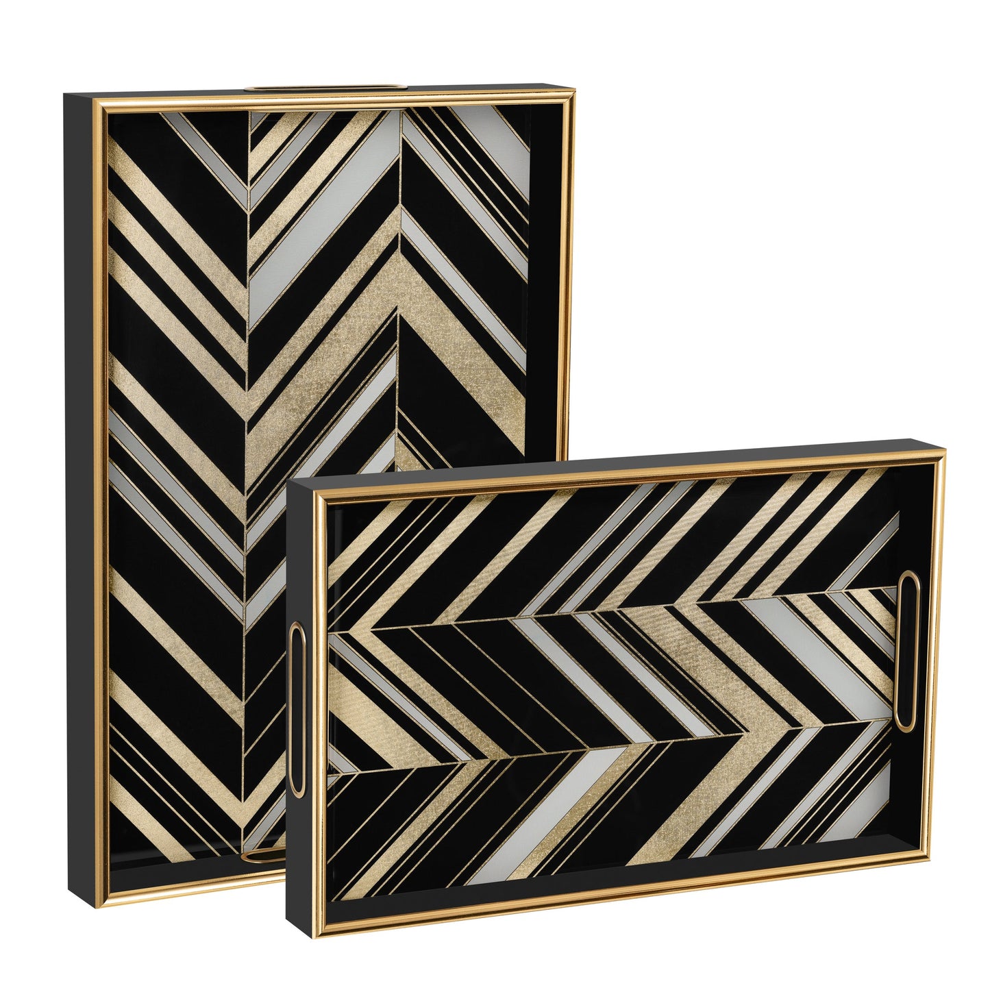Savoy Gold Trim 2 Piece Rectangle Tray Set - Herringbone