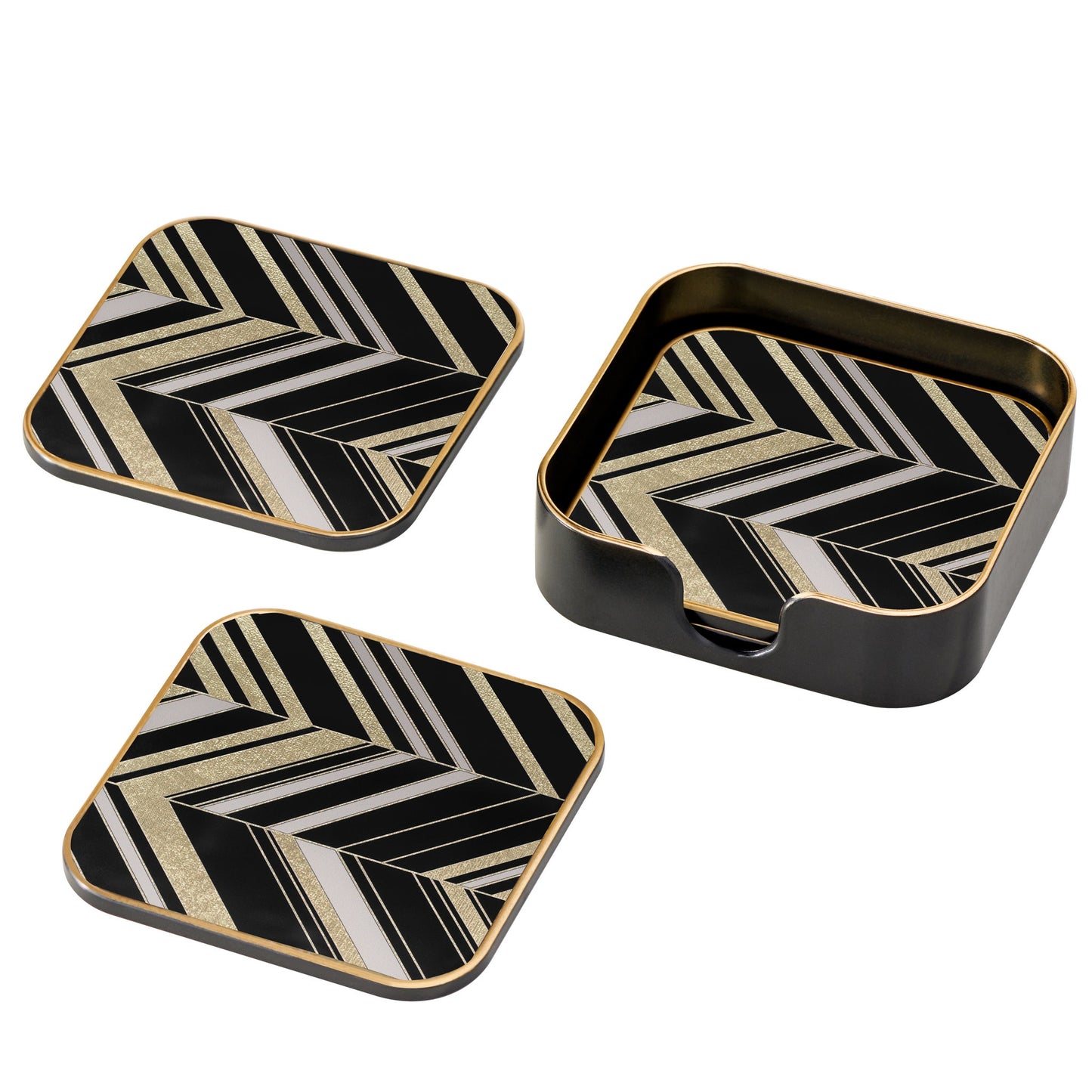 Savoy Gold Trim 4 Piece Square Coaster Set - Herringbone
