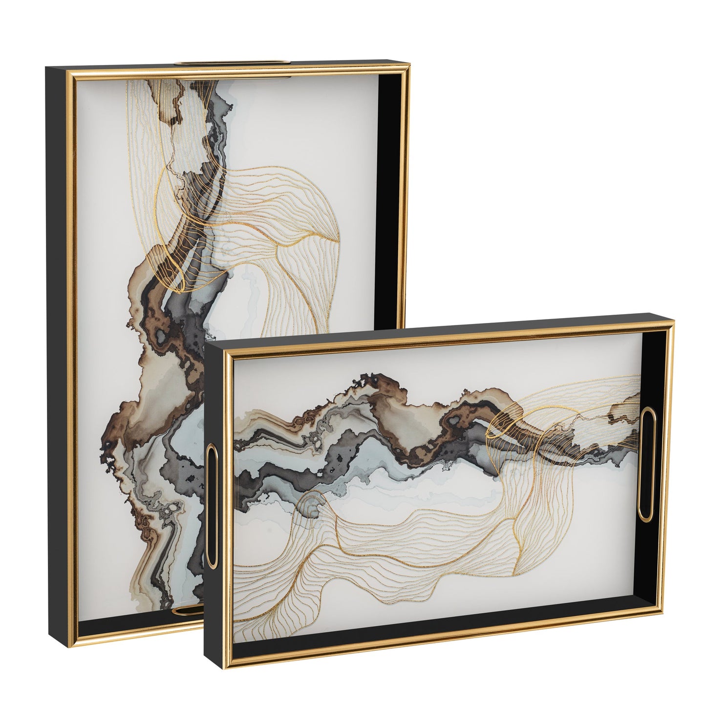 Savoy Gold Trim 2 Piece Rectangle Tray Set - White Marble