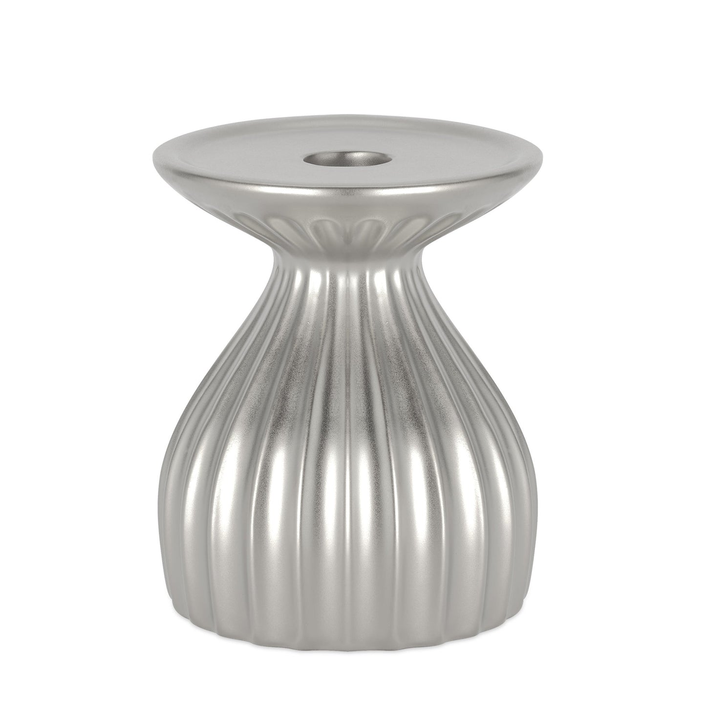 Ribbed Contour 5 Inch Tall Ceramic Dual Taper / Pillar Candle Holder - Silver