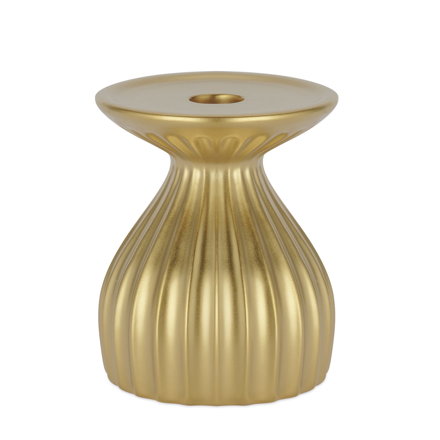 Ribbed Contour 5 Inch Tall Ceramic Dual Taper / Pillar Candle Holder - Gold