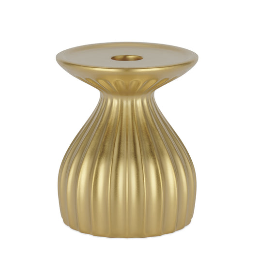 Ribbed Contour 5 Inch Tall Ceramic Dual Taper / Pillar Candle Holder - Gold