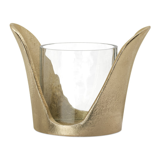 Wing Nickel Plated 4 Inch Tall Aluminum Candle Holder with Glass Insert - Gold