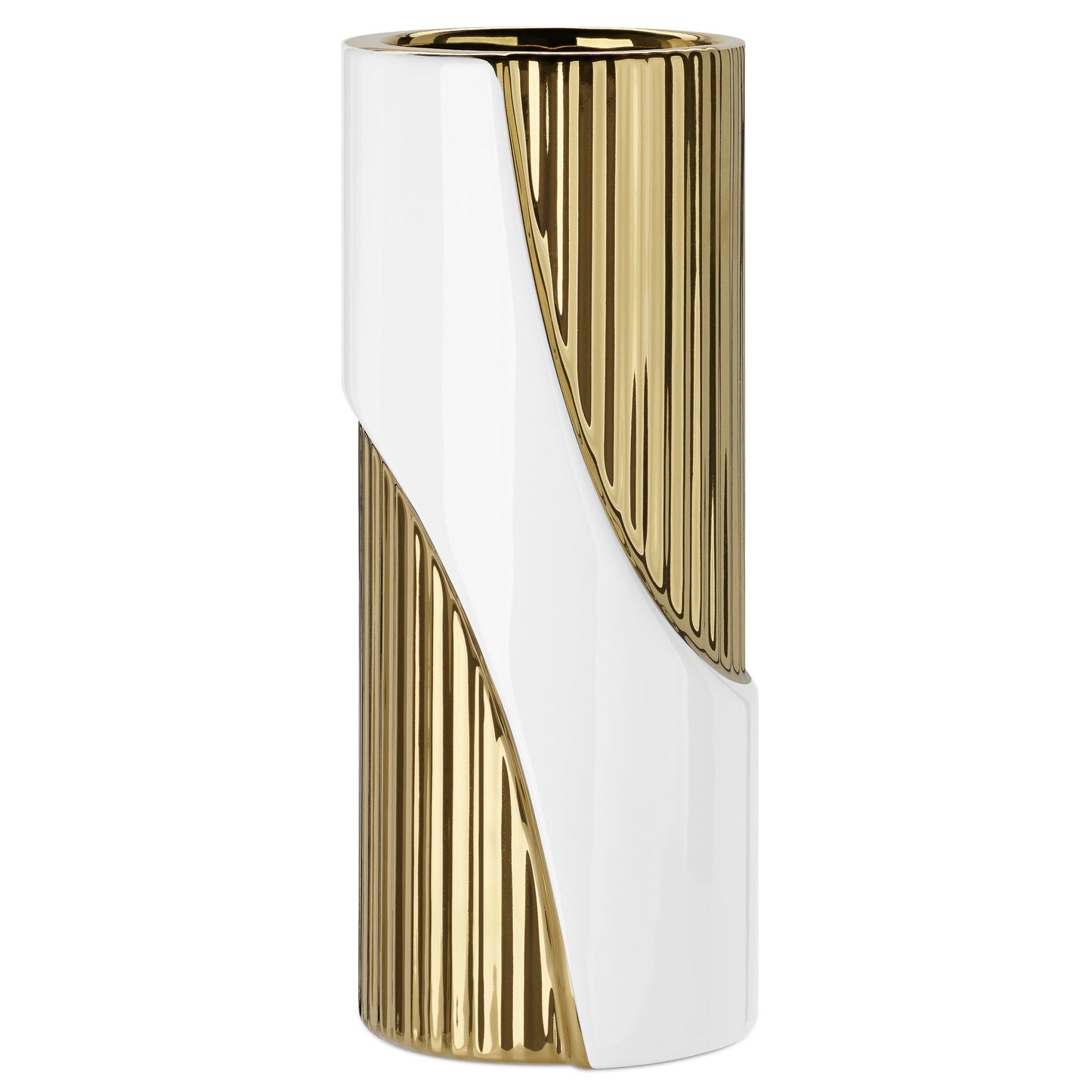 Electra Twist Cylinder Two Tone 10 Inch Tall Ceramic Vase - White/Gold