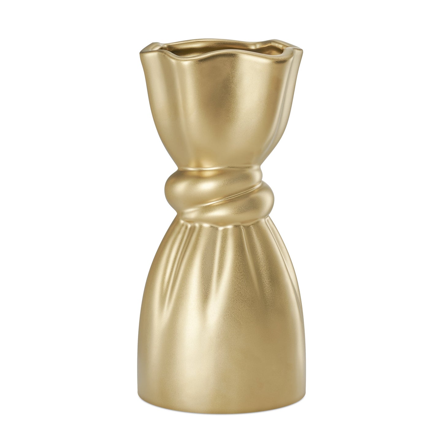 Cinched Knot 10 Inch Tall Ceramic Vase - Matte Gold