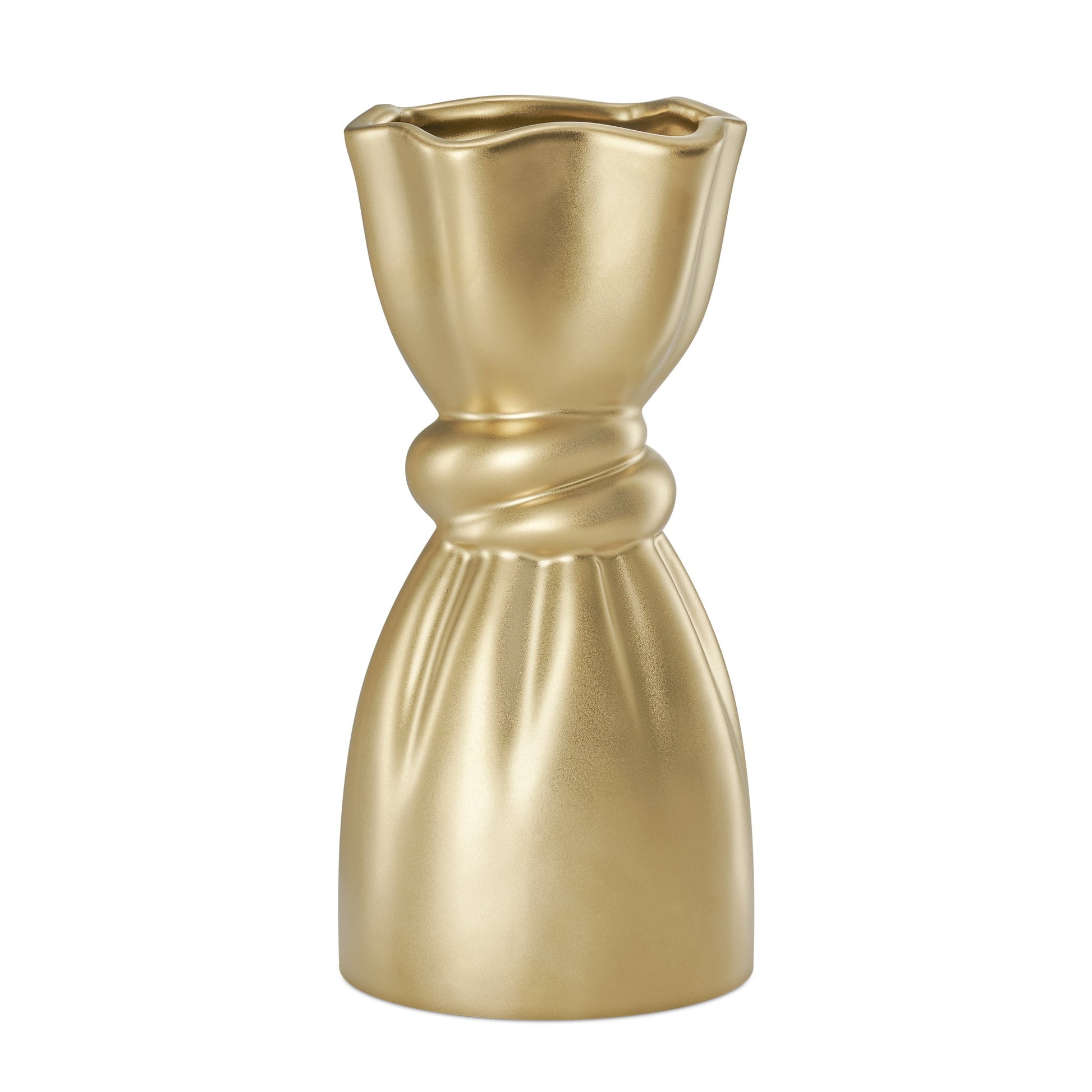 Cinched Knot 10 Inch Tall Ceramic Vase - Matte Gold