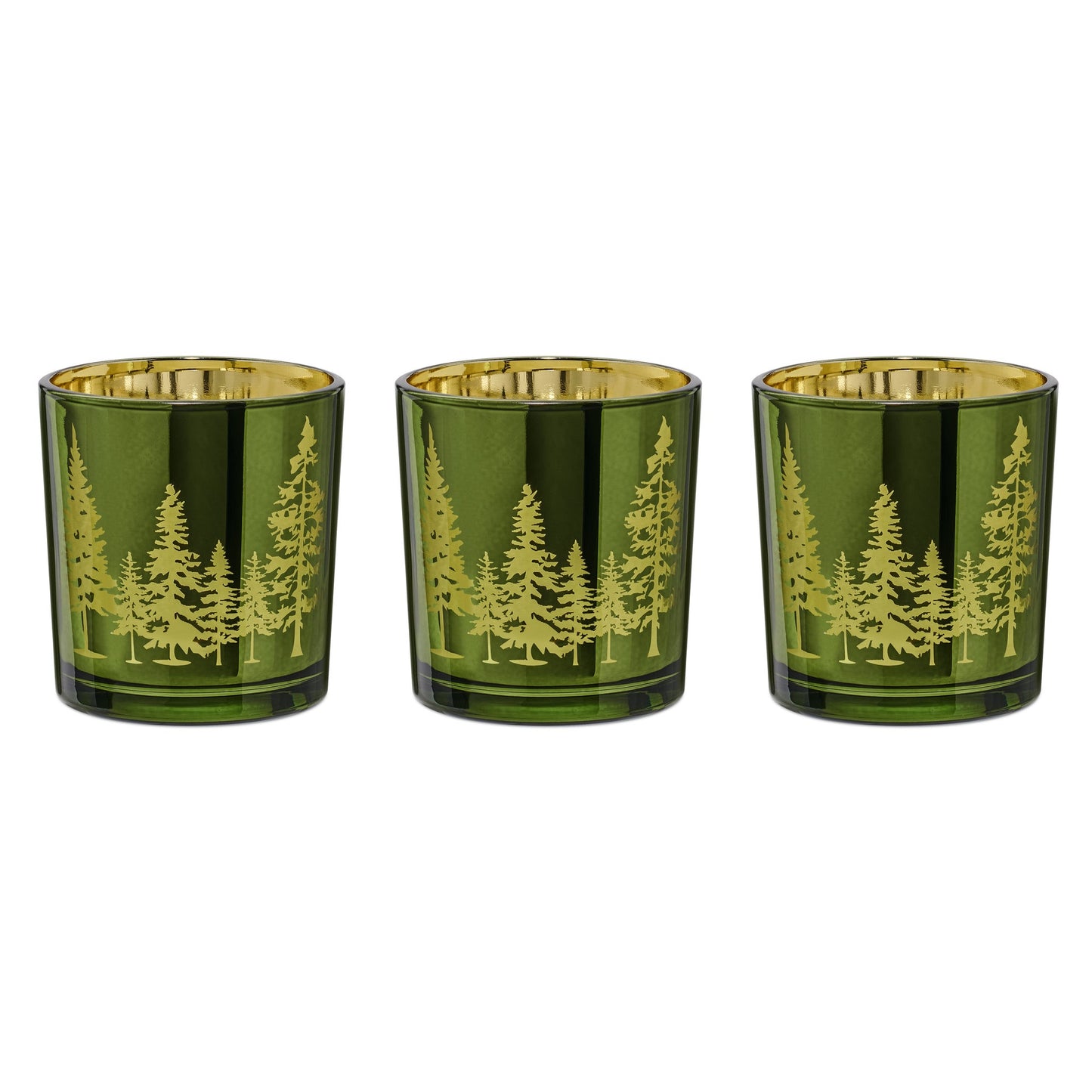 Pine Ridge Silhouette Green with Gold Mirror 3 Piece 3x3 Inch Glass Hurricane Vase Gift Set