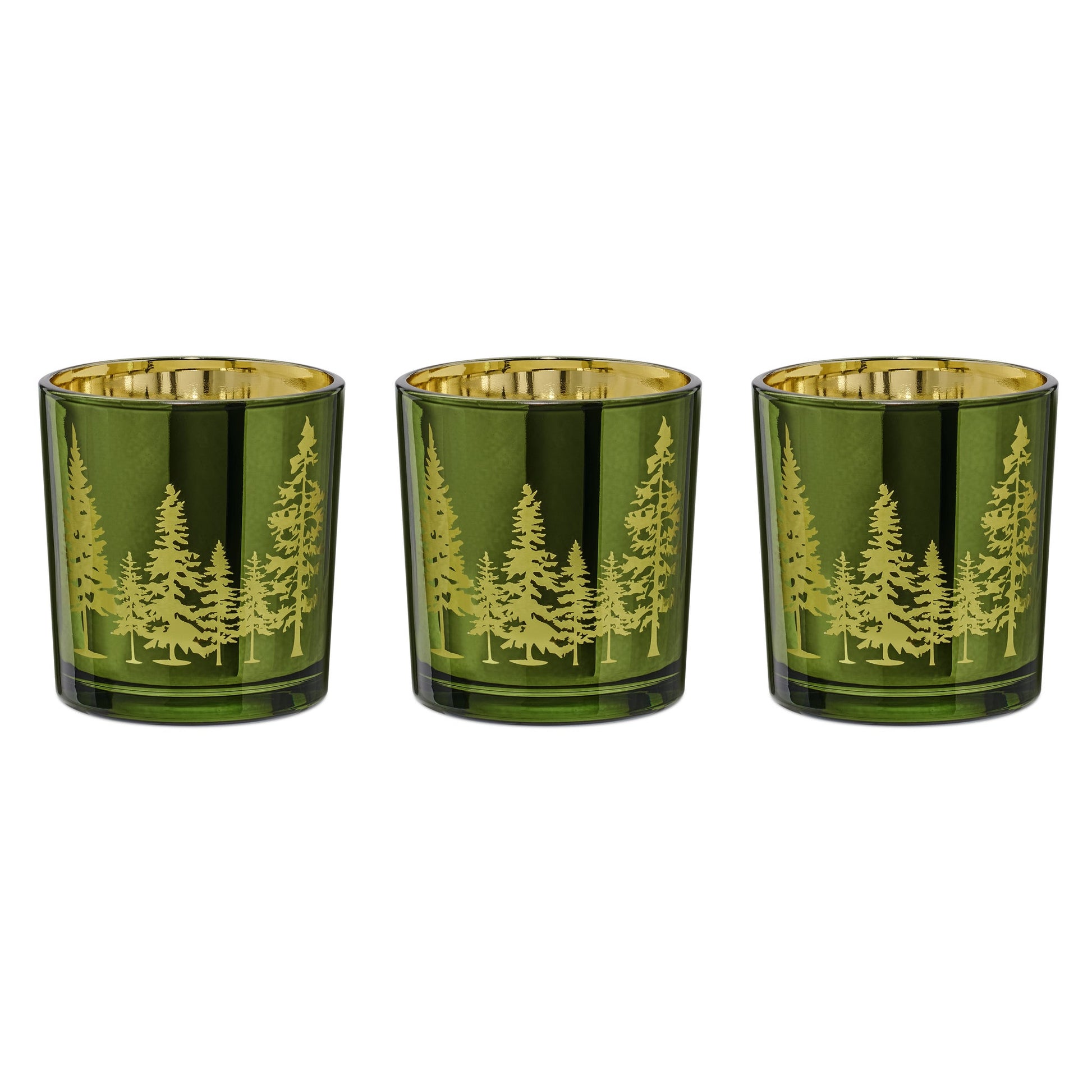 Pine Ridge Silhouette Green with Gold Mirror 3 Piece 3x3 Inch Glass Hurricane Vase Gift Set