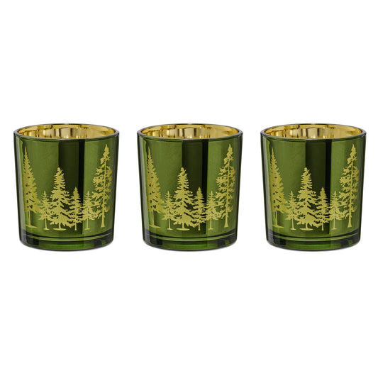 Pine Ridge Silhouette Green with Gold Mirror 3 Piece 3x3 Inch Glass Hurricane Vase Gift Set