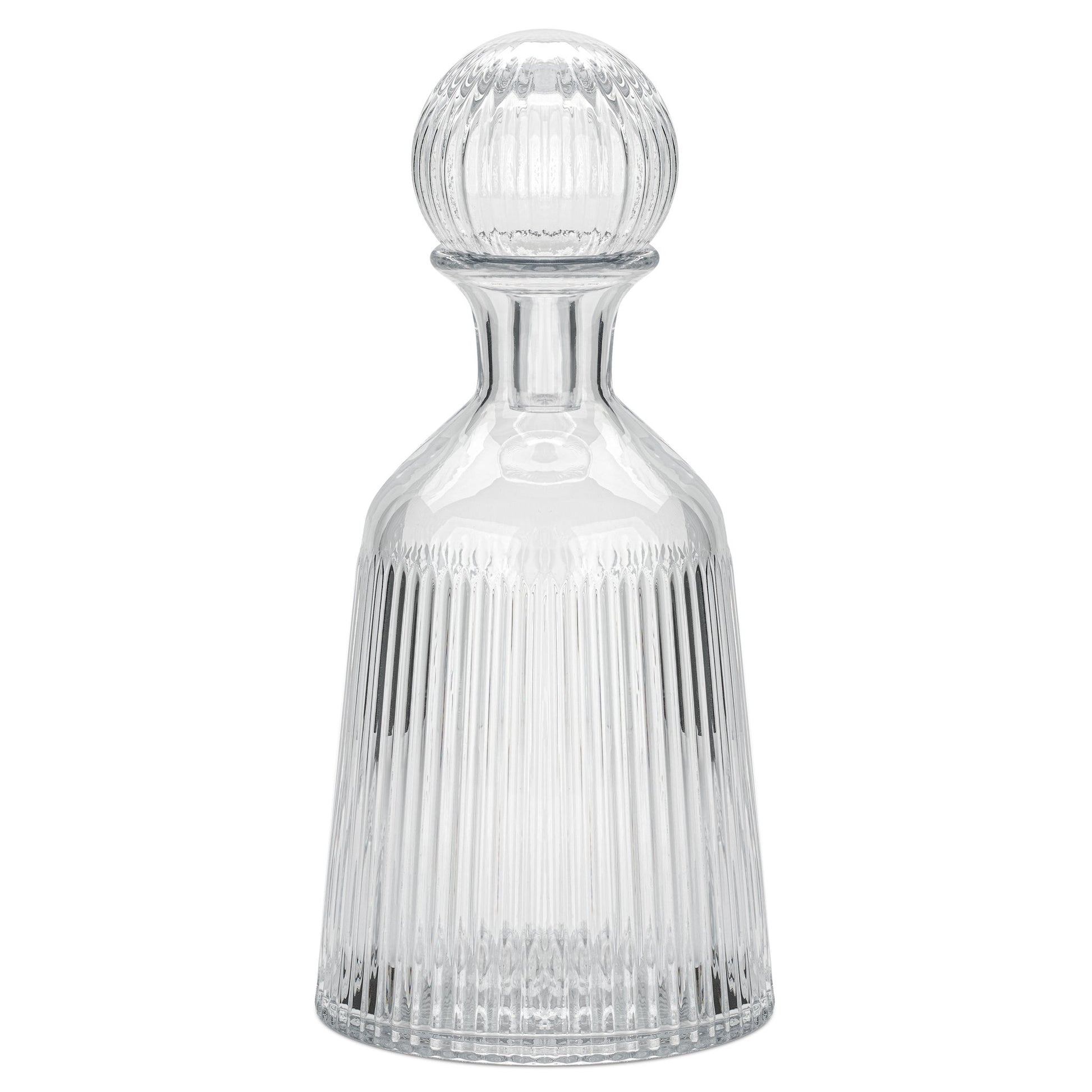 Ribbed 11.5 Inch Tall Glass Bottle Flask Vase with Ball Stopper - Clear