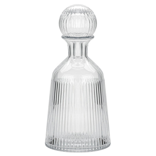 Ribbed 11.5 Inch Tall Glass Bottle Flask Vase with Ball Stopper - Clear
