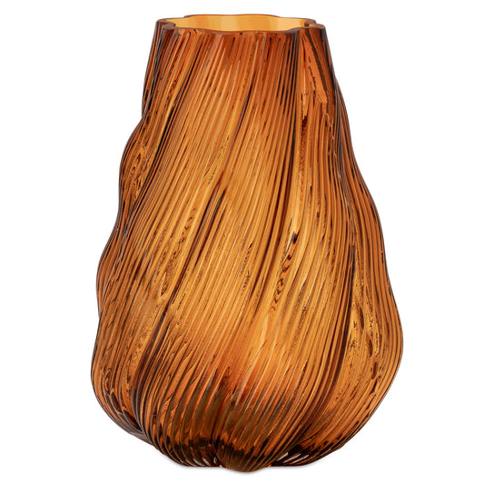 Wave 9 Inch Tall Glass Swirl Vase - Amber