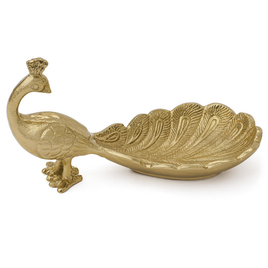 Standing Peacock Gold Nickel Plated Aluminum 9.5 Inch Length Decor Dish