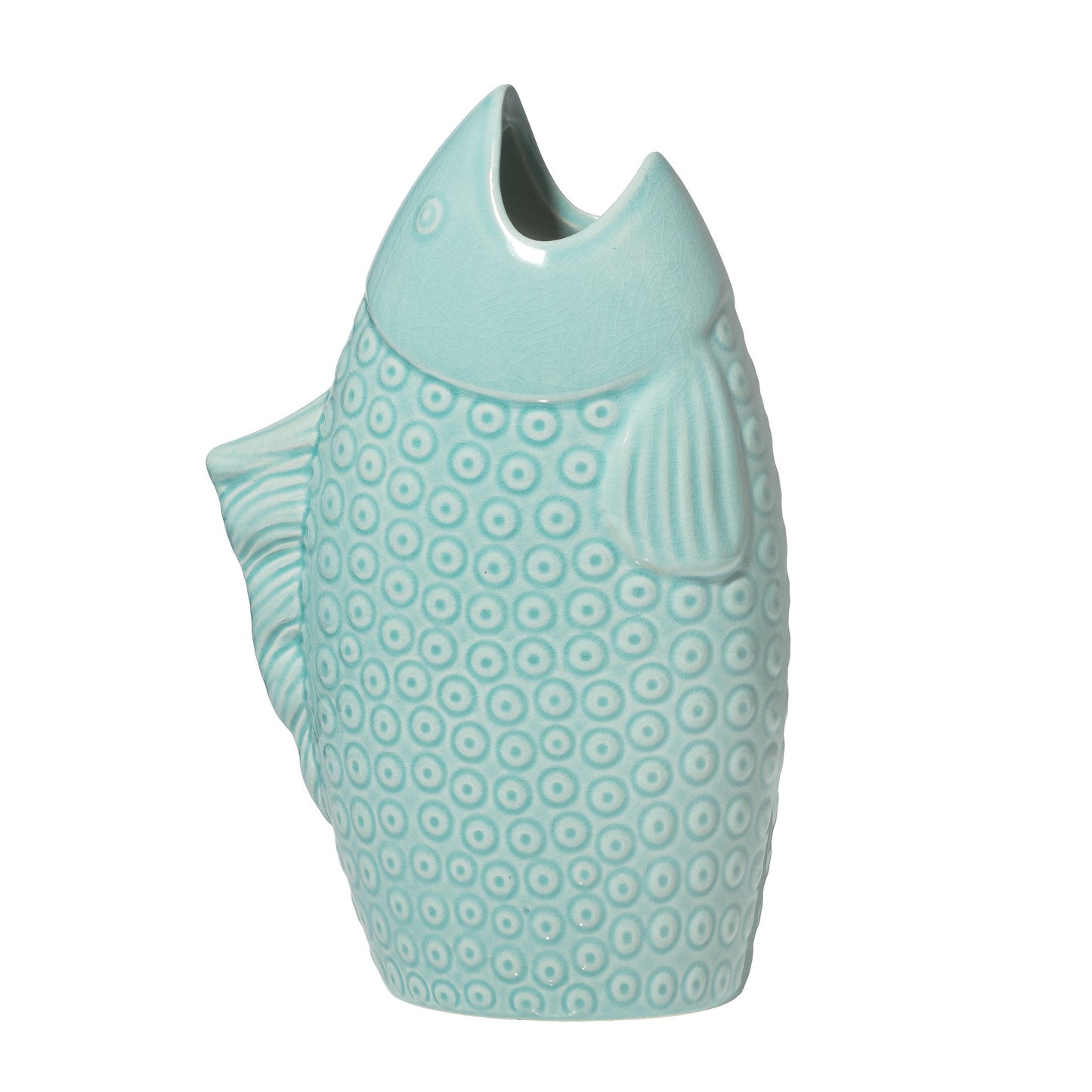 Mare 9 Inch Tall Ceramic Fish Shape Vase - Celadon Crackle