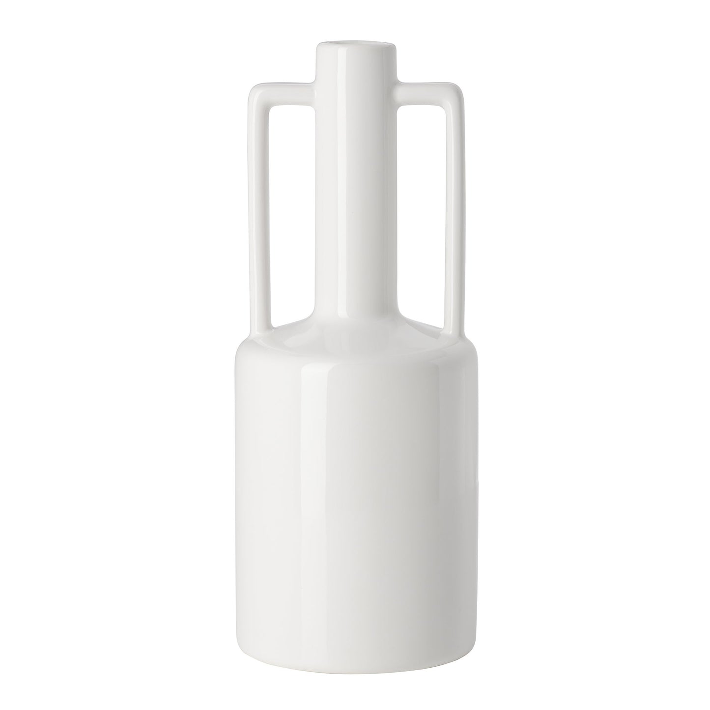 Double Handle Long Neck 11.75 Inch Tall Ceramic Vase - Shiny White