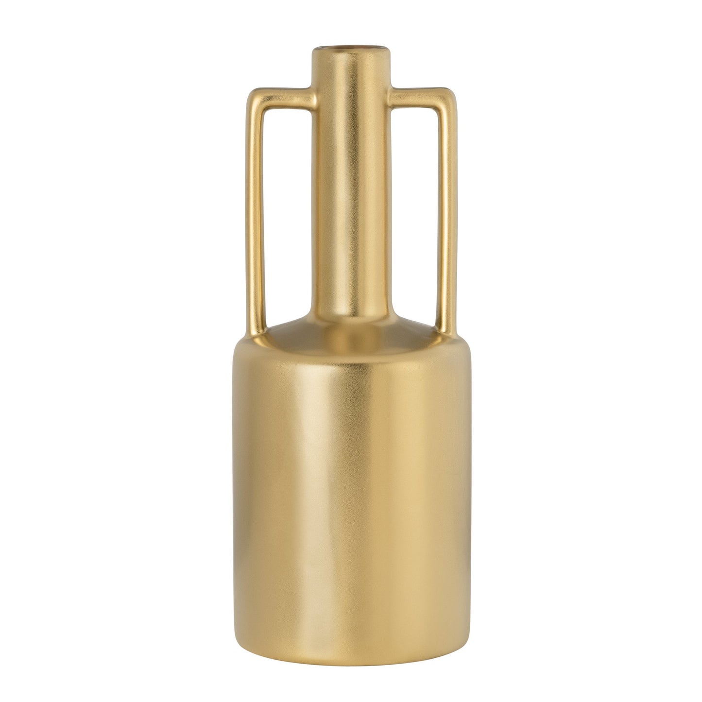 Double Handle Long Neck 11.75 Inch Tall Ceramic Vase - Matte Gold
