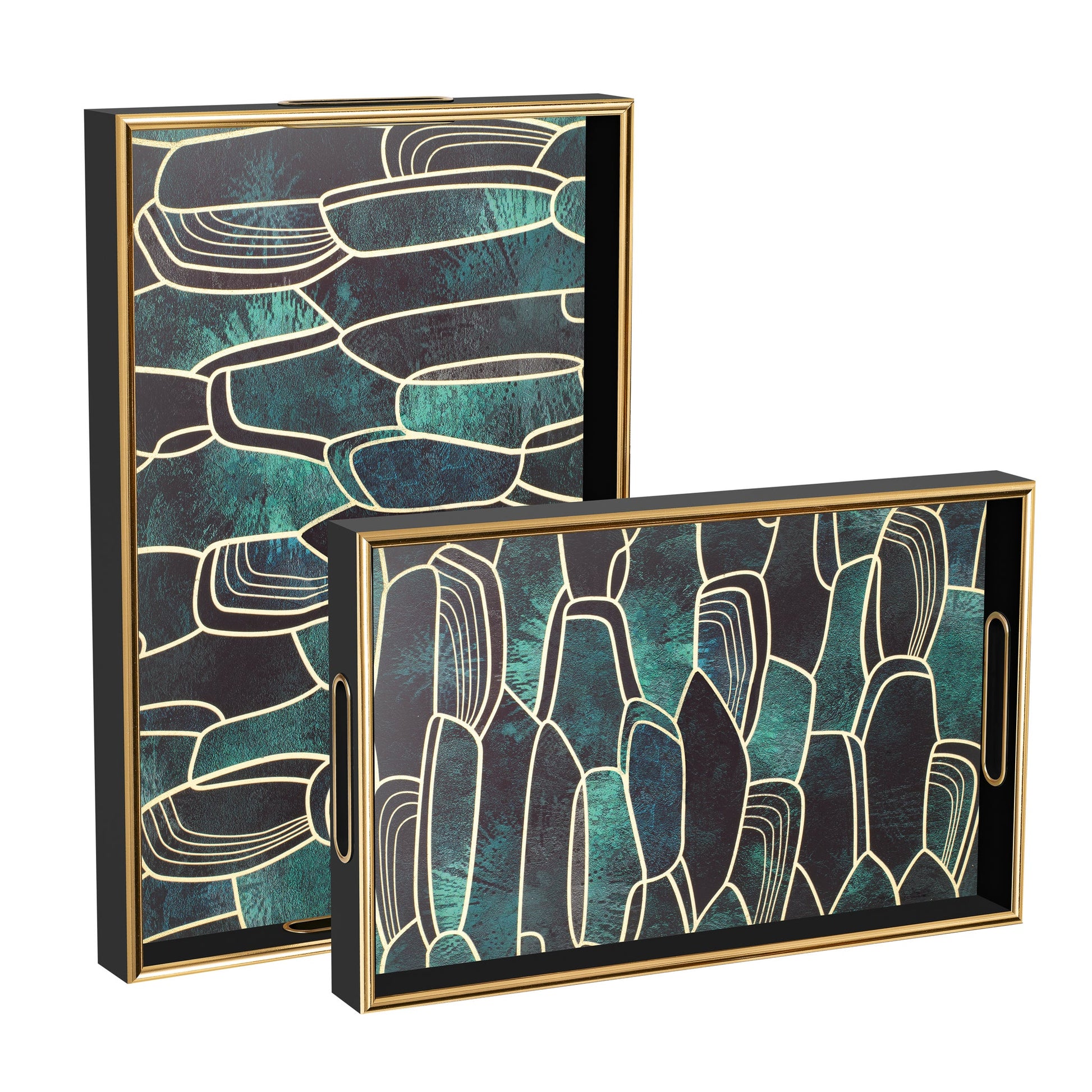 Savoy Gold Trim 2 Piece Rectangle Tray Set - Abstract
