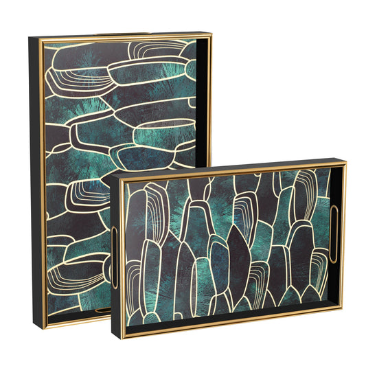 Savoy Gold Trim 2 Piece Rectangle Tray Set - Abstract