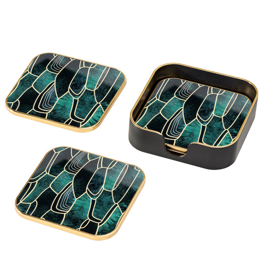 Savoy Gold Trim 4 Piece Square Coaster Set - Abstract