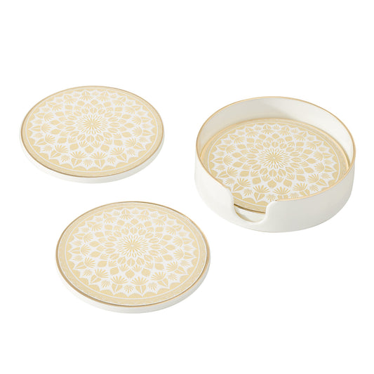 Savoy Gold Trim 4 Piece Round Coaster Set - Leaf Mandala