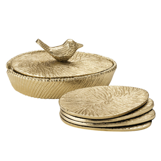 Bird Nest 4 Piece Aluminum Coaster Set with Lidded Holder