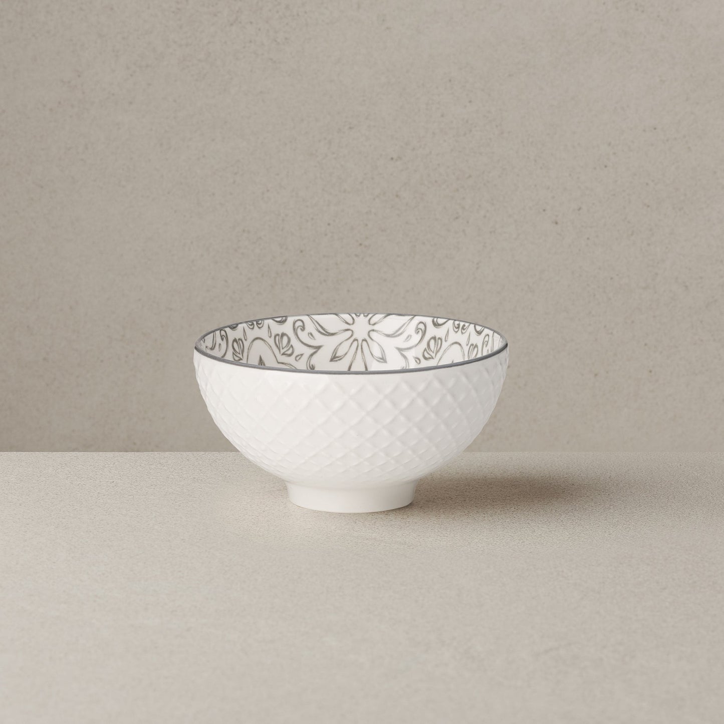 Kiri Porcelain 8 oz. 4.5 Inch Diameter Bowl - Grey Filigree