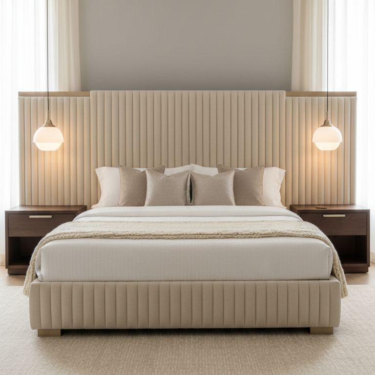 Neatly made bed with beige bedding in a modern bedroom setting.